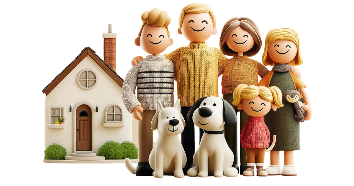A happy family with their pets beside their home